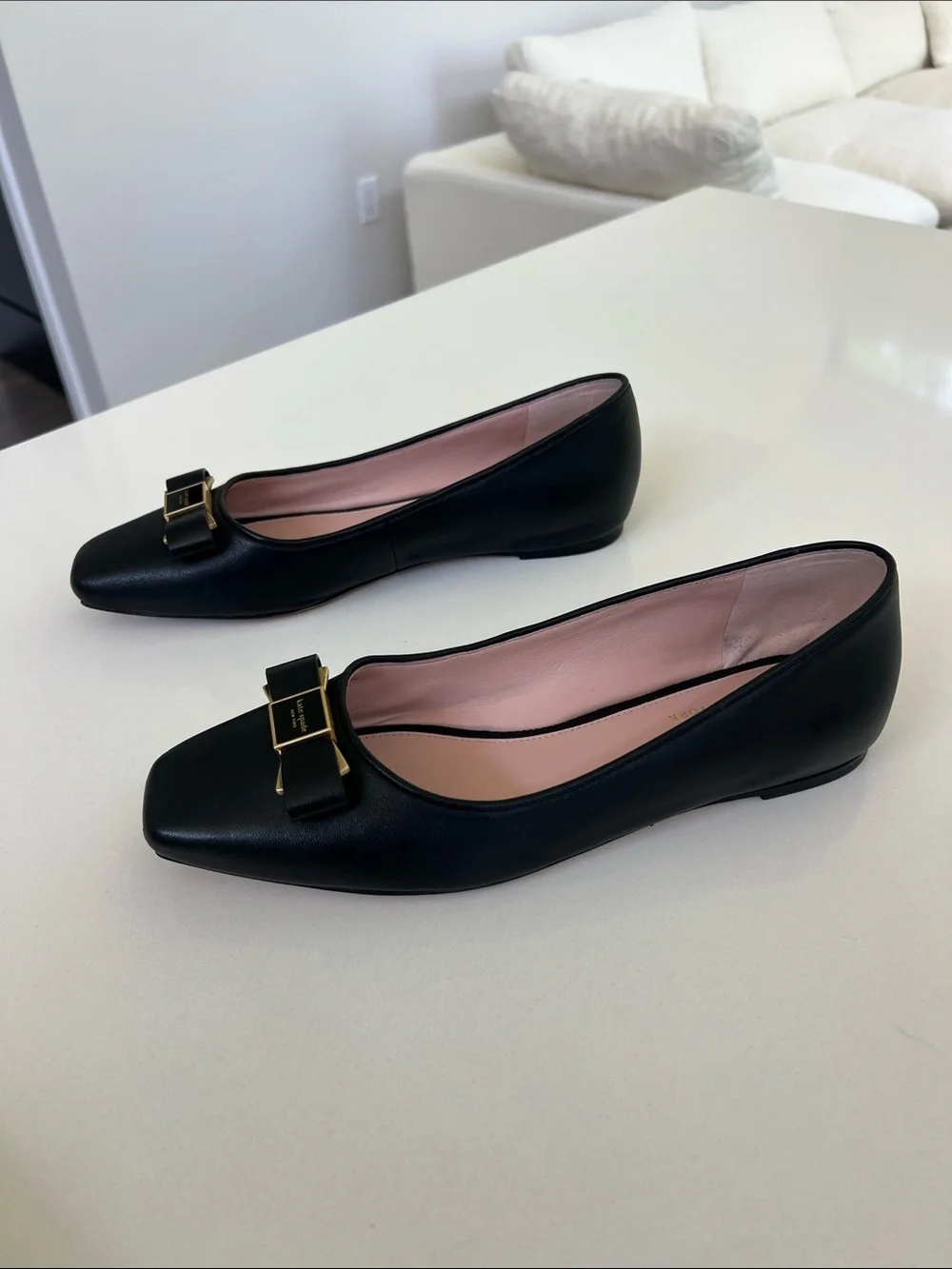 Kate Spade bowdie ballet ballerina black leather bow flats gold tone hardware